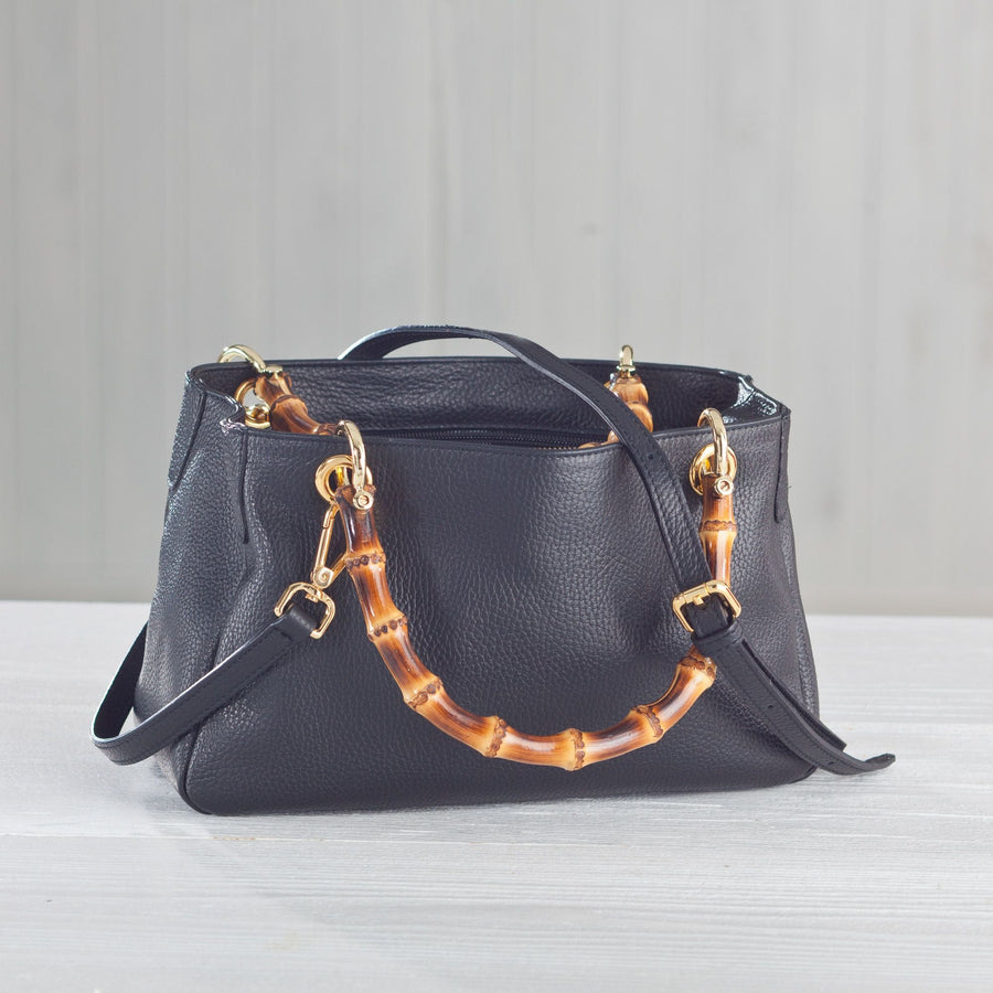 Florentine Leather Black Handbag With Bamboo Handles