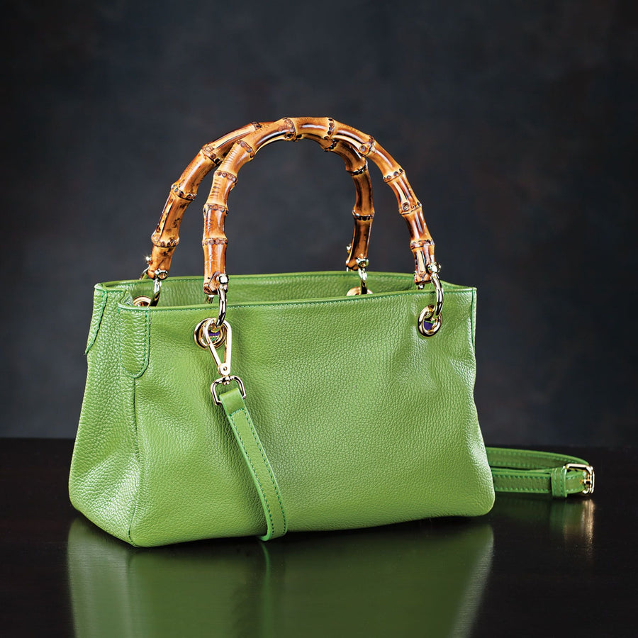 Florentine Leather Green Handbag With Bamboo Handles