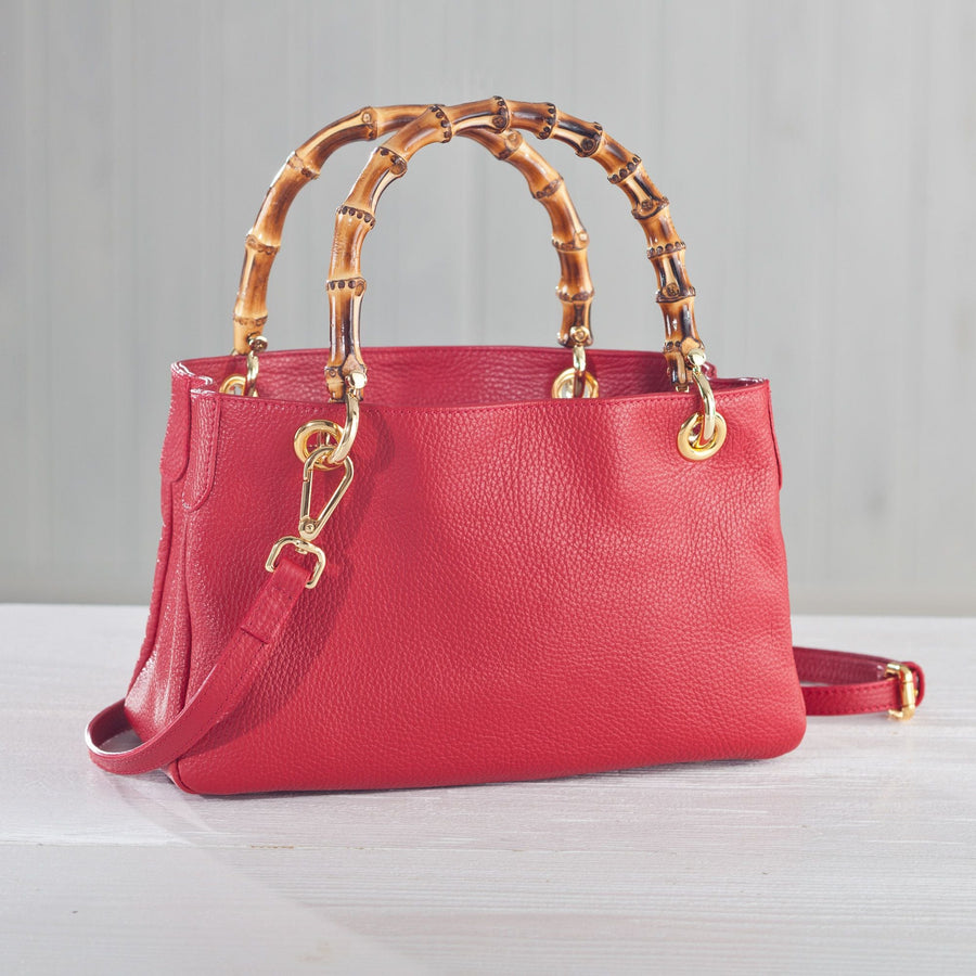 Florentine Leather Red Handbag With Bamboo Handles