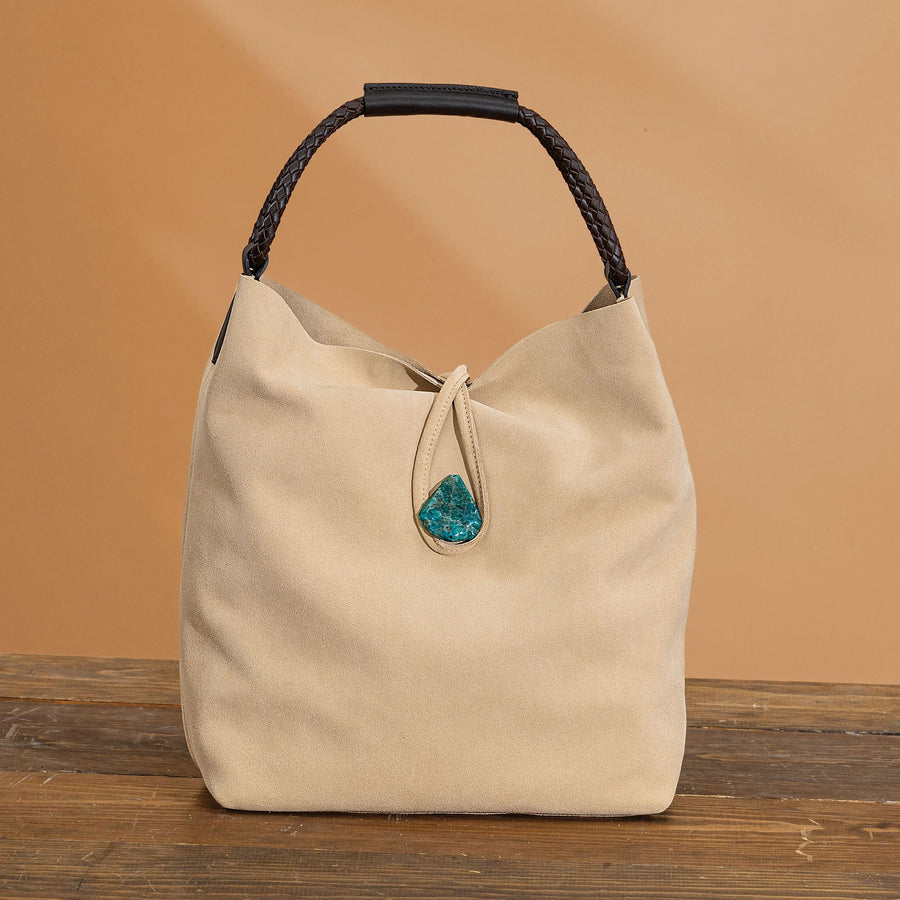 Florentine Suede Tan Tote With Blue Turquoise