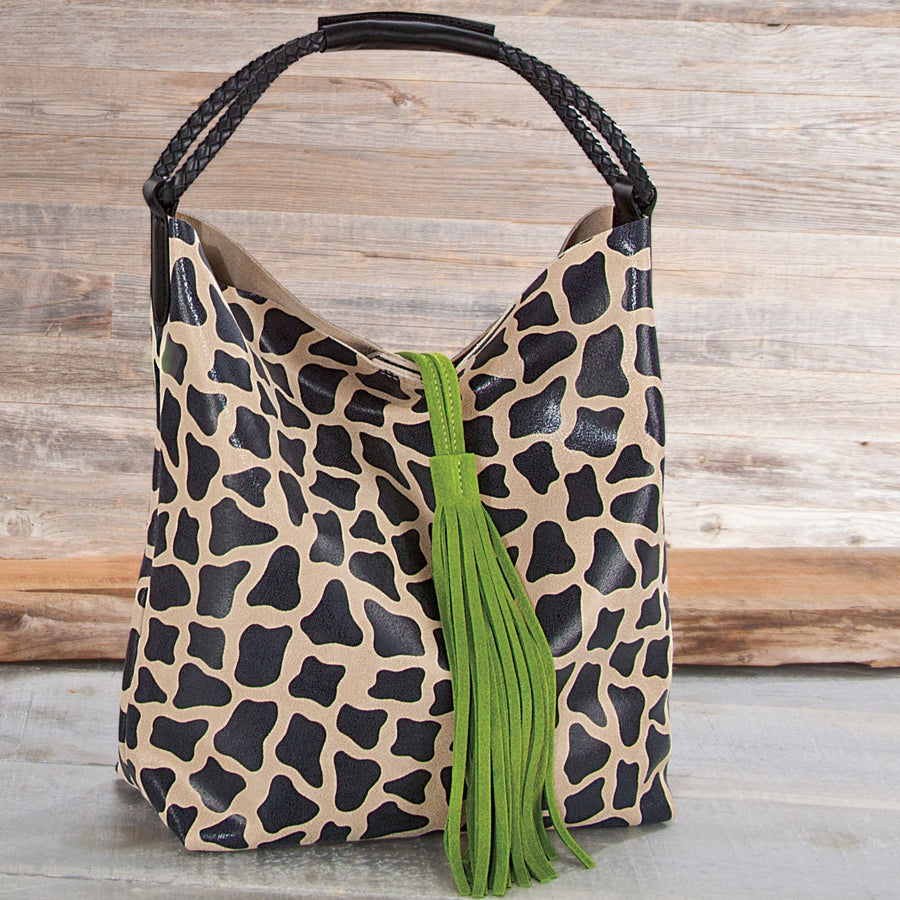 Florentine Suede Giraffe Bucket Bag With Green Tassel