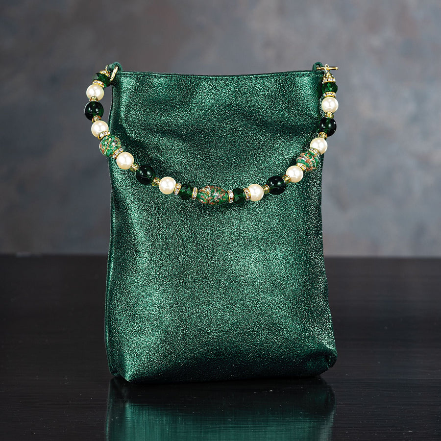 Green Florentine Leather Bag With Murano Glass Handle