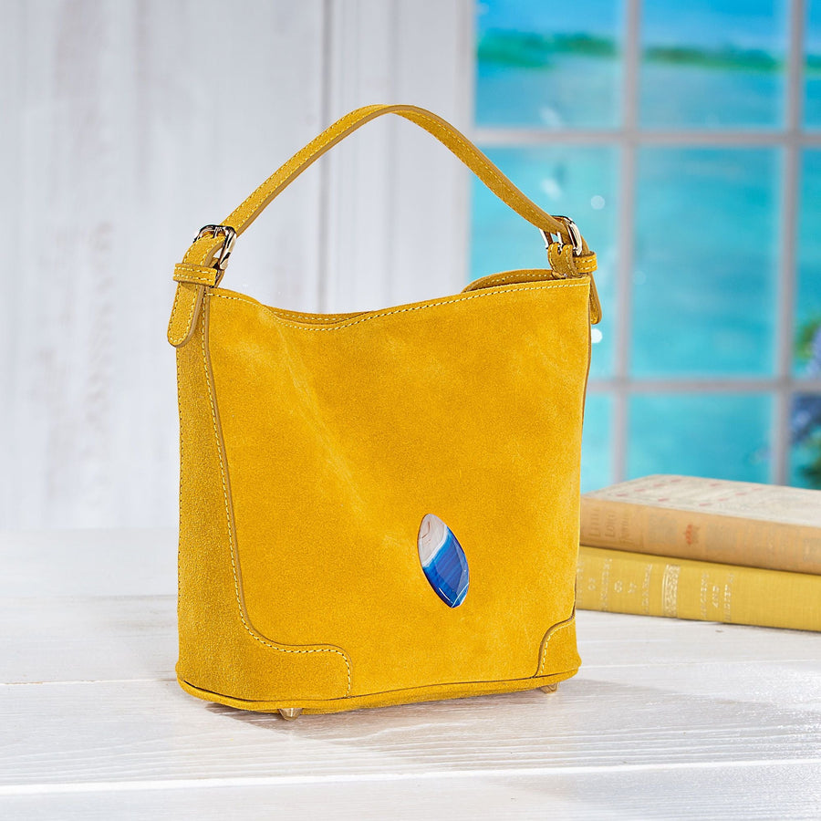 Florentine Suede Mustard Tote With Marbled Blue Agate
