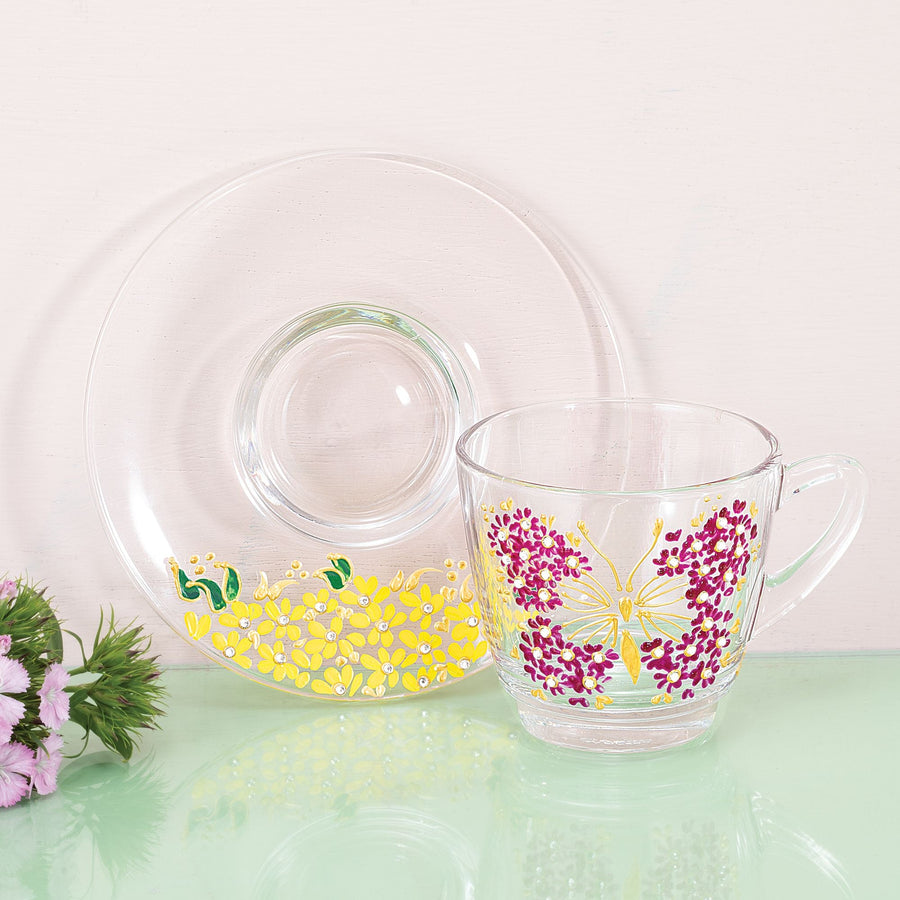 Butterfly Flowers Hand-Painted Glass Teacup & Saucer