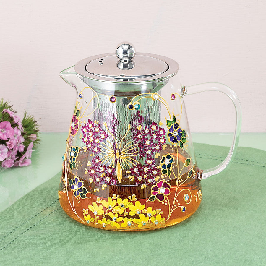 Butterfly Flowers Hand-Painted Glass Teapot