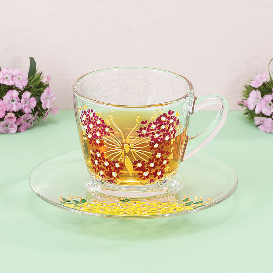 Butterfly Flowers Hand-Painted Glass Teacup & Saucer