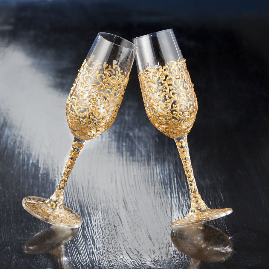 Hand-Painted Dripping In Gold Champagne Glass With Crystals
