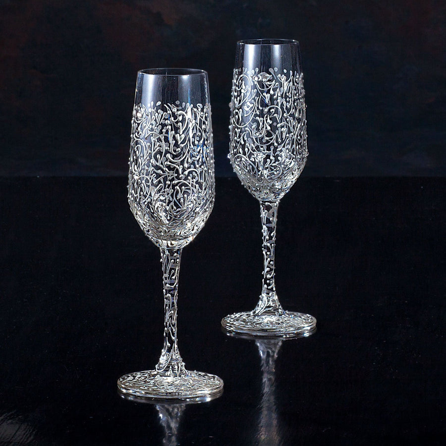 Hand-Painted Dripping In Silver Champagne Glass With Crystals