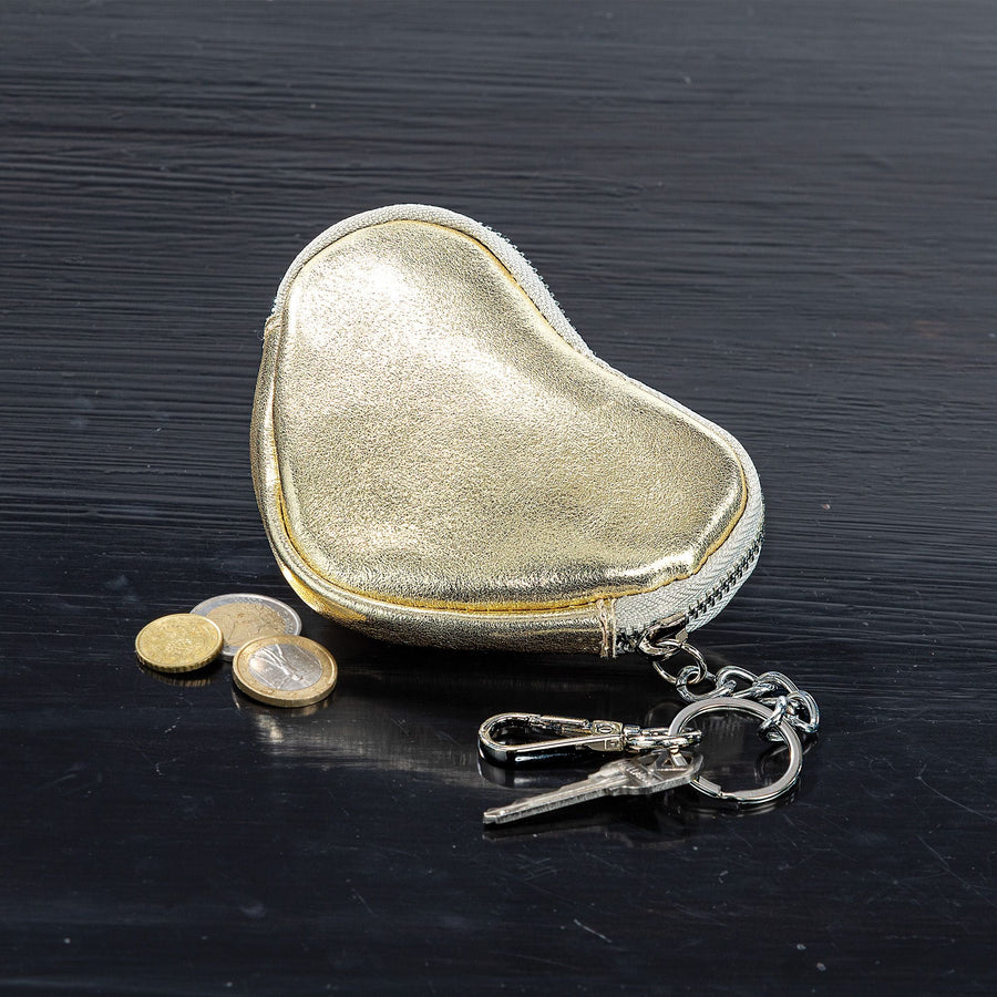 Italian Leather Metallic Gold Heart Coin Purse Keychain