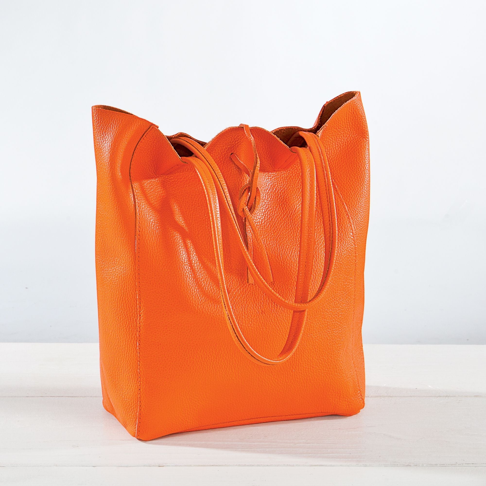 Genuine Italian Leather Handbag - newest Orange, Stud Detail