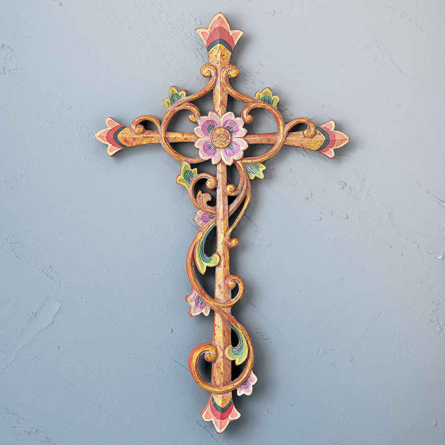 Handcarved Floral Faith Wood Cross