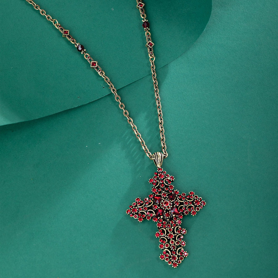 Victorian Grace Garnet Crystal Cross Necklace