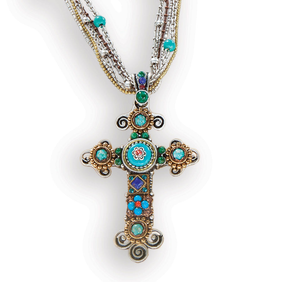 Timeless Beauty Turquoise & Coral Cross Necklace