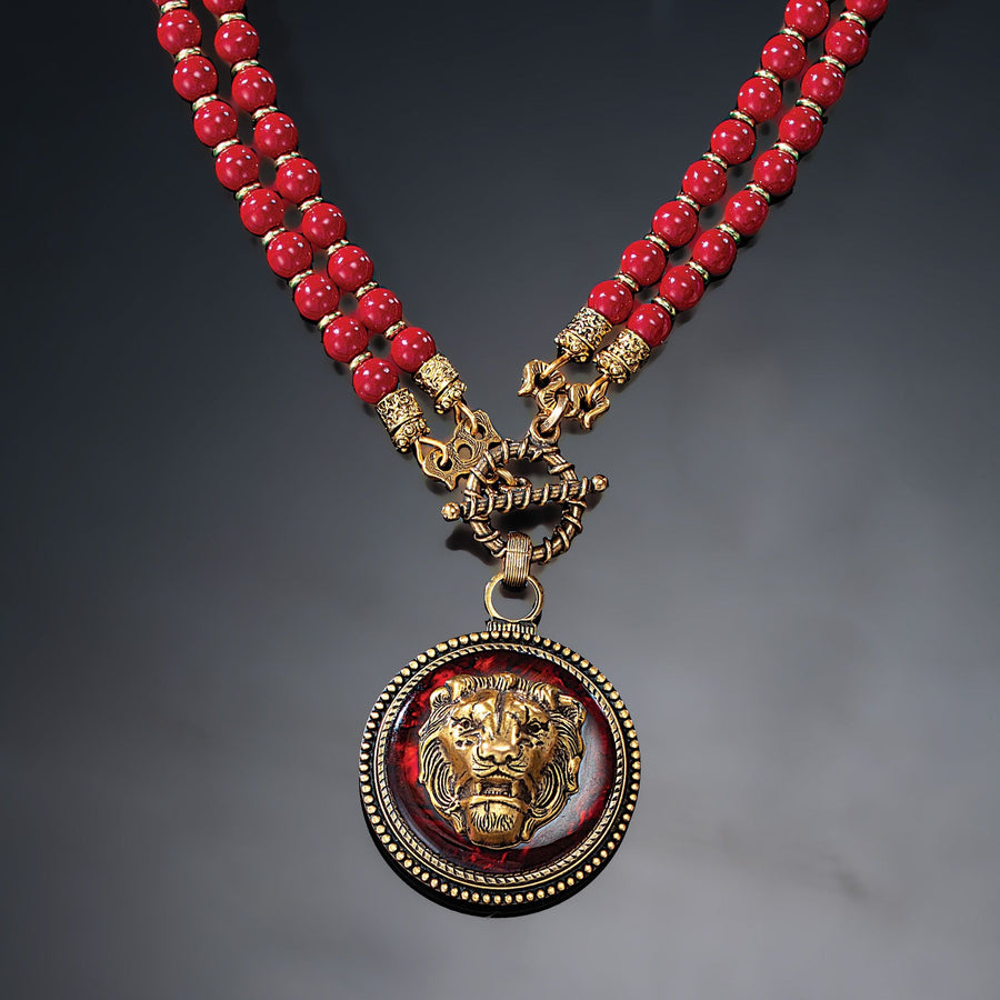 Vintage-Style Red Abalone Lion Necklace