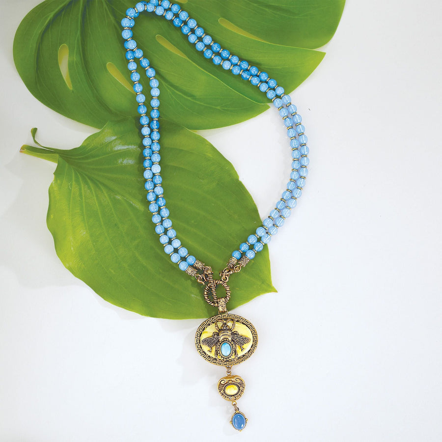 Patrice's Vintage-Style Jonquil & Blue Glass Bee Necklace