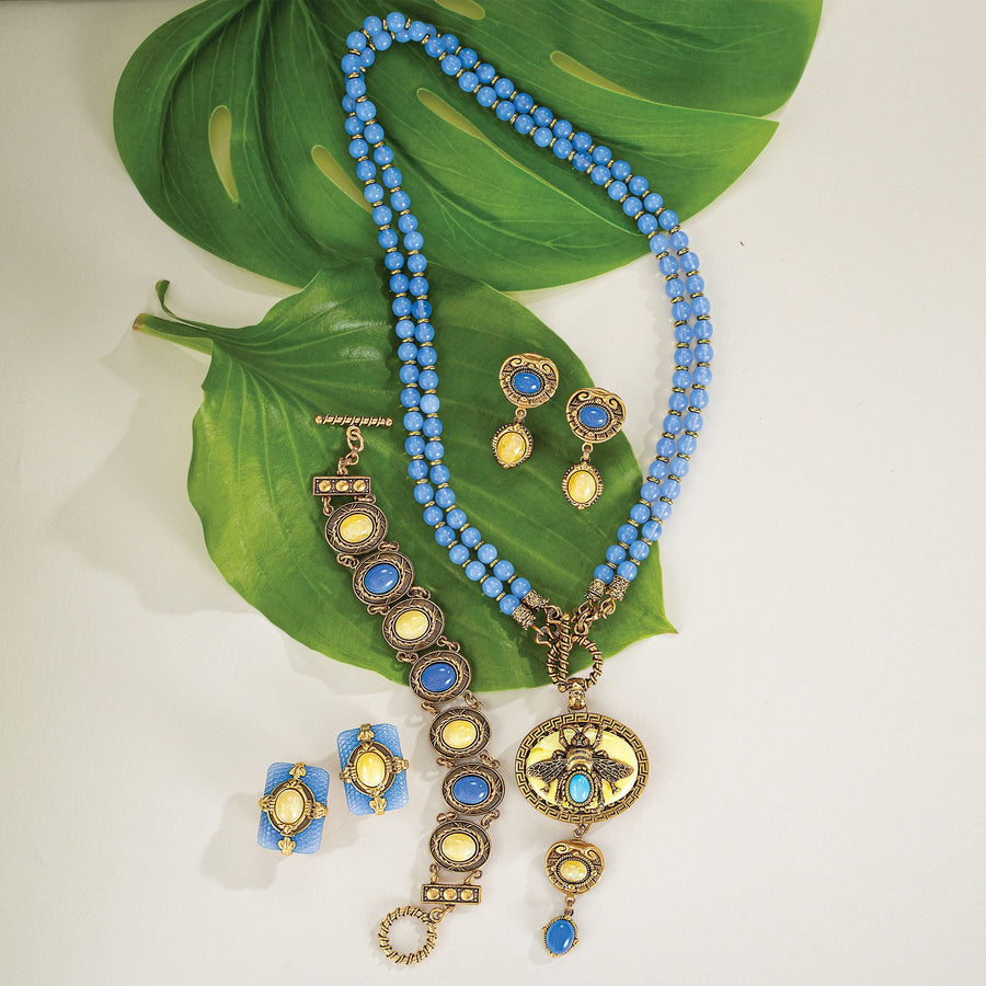 Patrice's Vintage-Style Jonquil & Blue Glass Bee Necklace