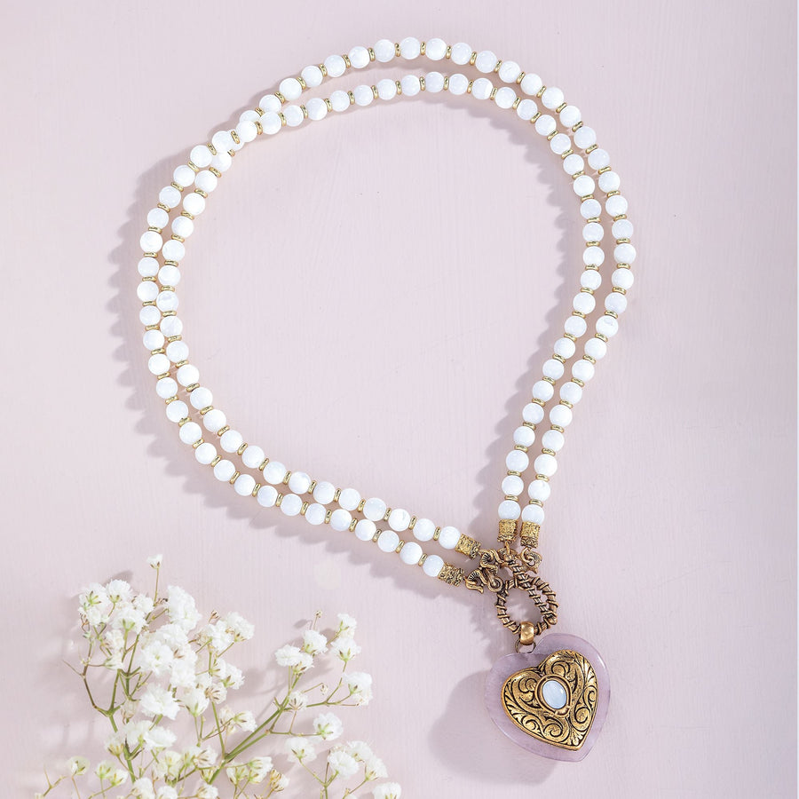 Patrice's Vintage-Style Pastel Rose Quartz & Mother Of Pearl Heart Necklace