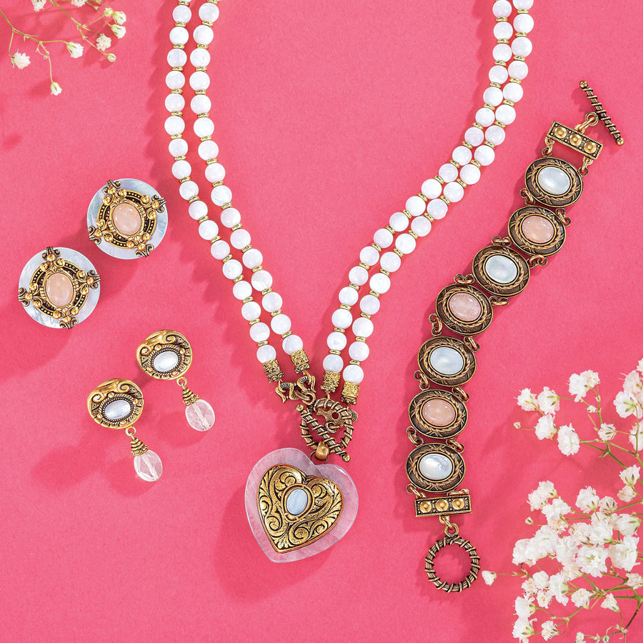 Patrice's Vintage-Style Pastel Rose Quartz & Mother Of Pearl Bracelet