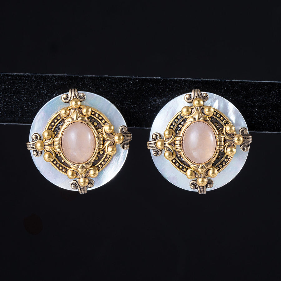 Patrice's Vintage-Style Pastel Rose Quartz & Mother Of Pearl Round Clip-On Earrings