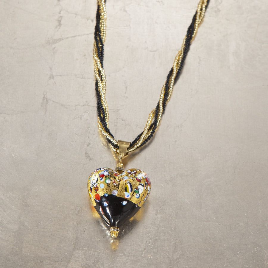 Murano Glass Heart Necklace in Black and Gold