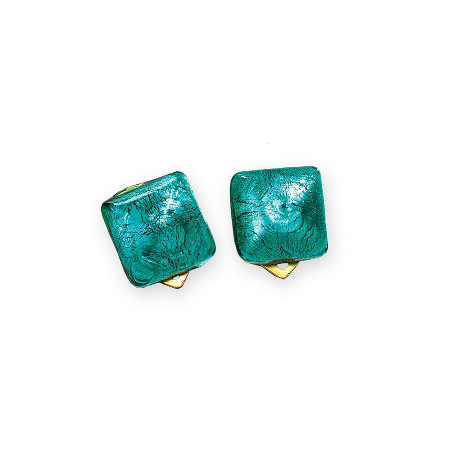 Murano Glass Teal Square Clip-On Earrings