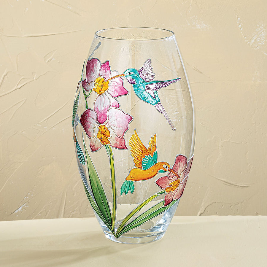Hand-Gilded Hummingbirds & Flowers Glass Vase