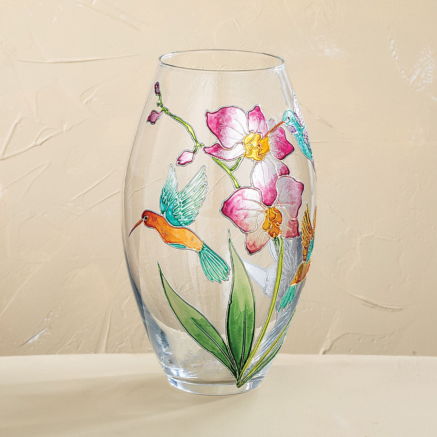 Hand-Gilded Hummingbirds & Flowers Glass Vase