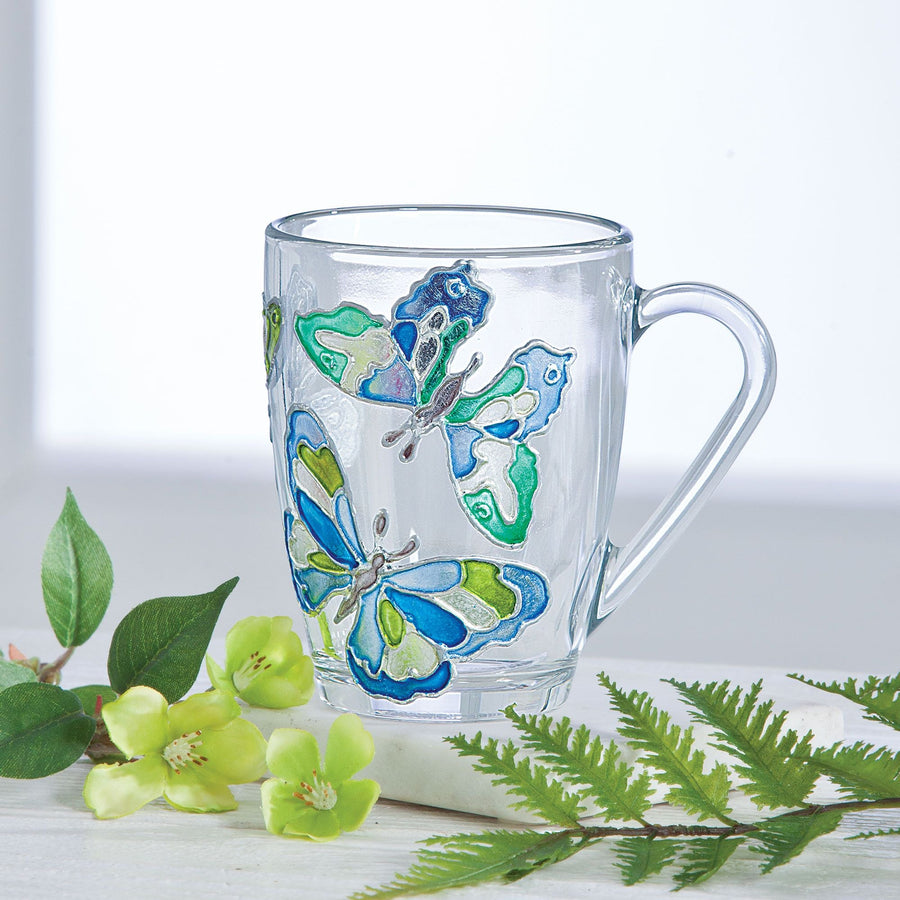 Hand-Gilded Blue Butterflies Glass Mug, 6oz.