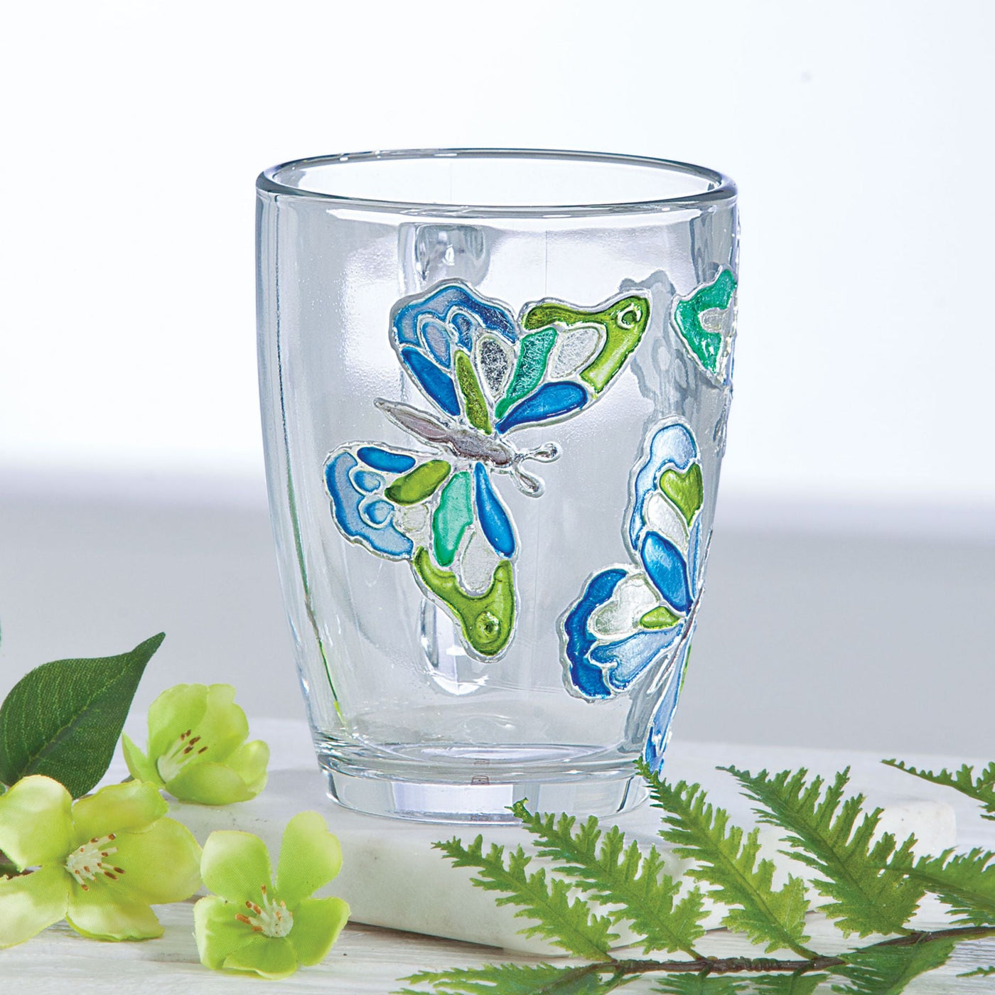 Hand-Gilded Blue Butterflies Glass Mug, 6oz.