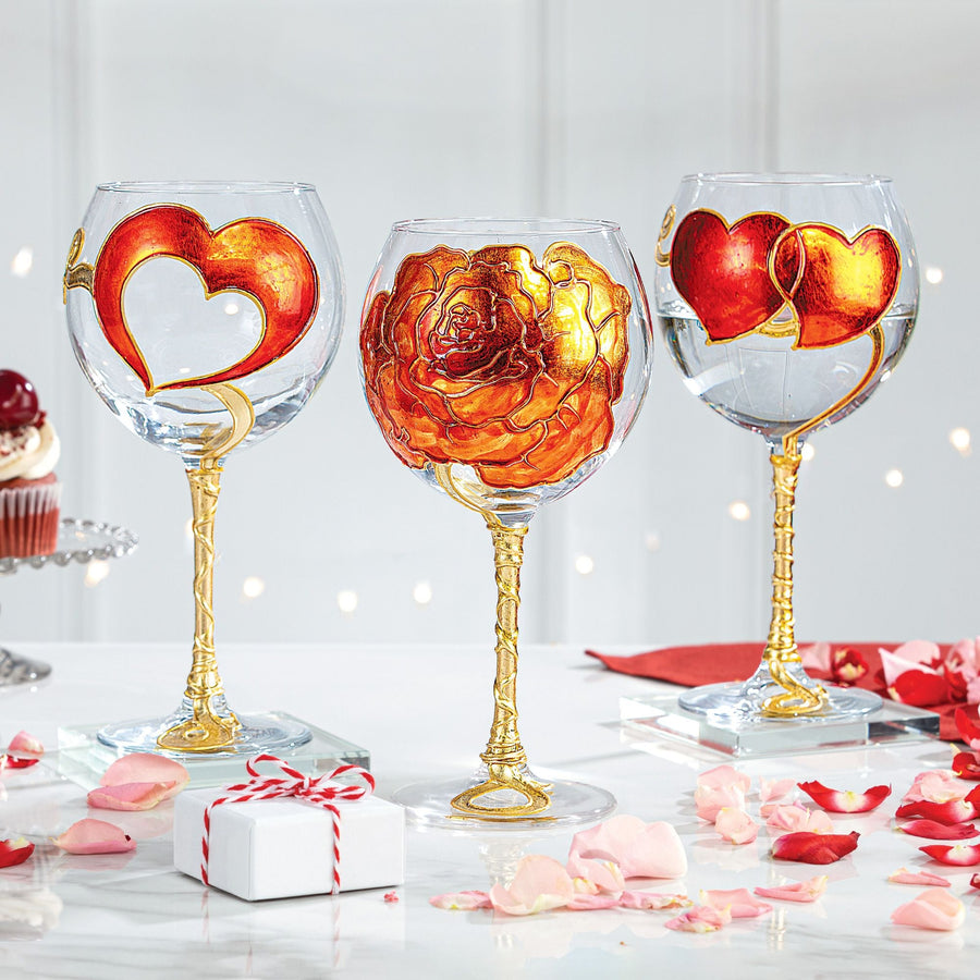 Hand-Gilded Rose Blossom Heart Wine Glass