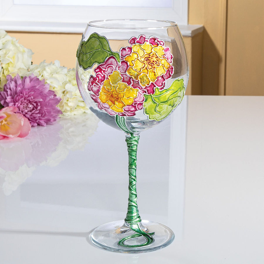 Hand-Gilded Pink & Yellow Hydrangea Wine Glass