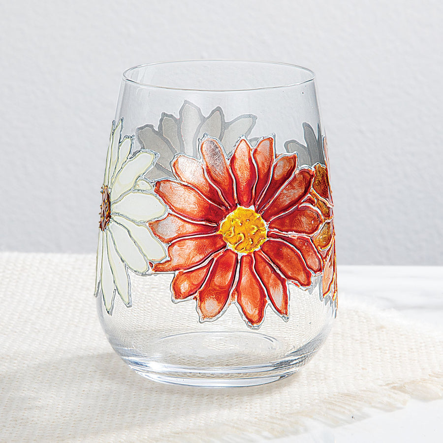 Hand-Gilded Gerber Daisy Stemless Glass