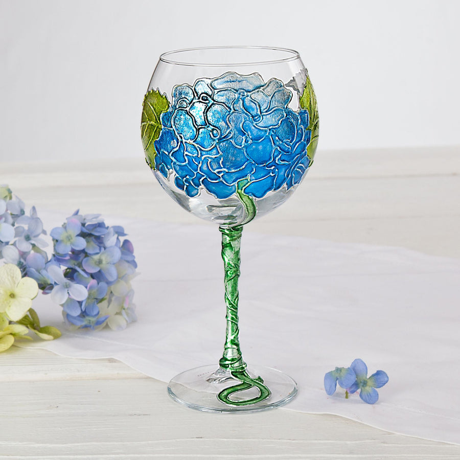 Hand-Gilded Blue Hydrangea Wine Glass