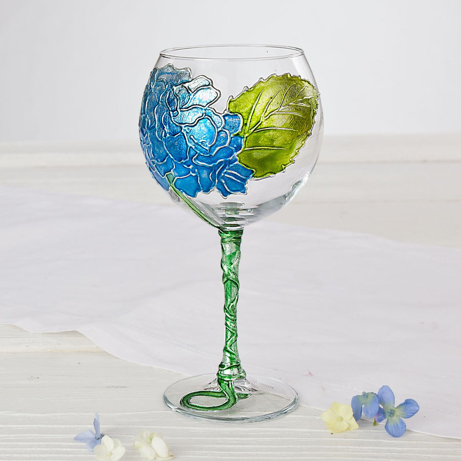 Hand-Gilded Blue Hydrangea Wine Glass
