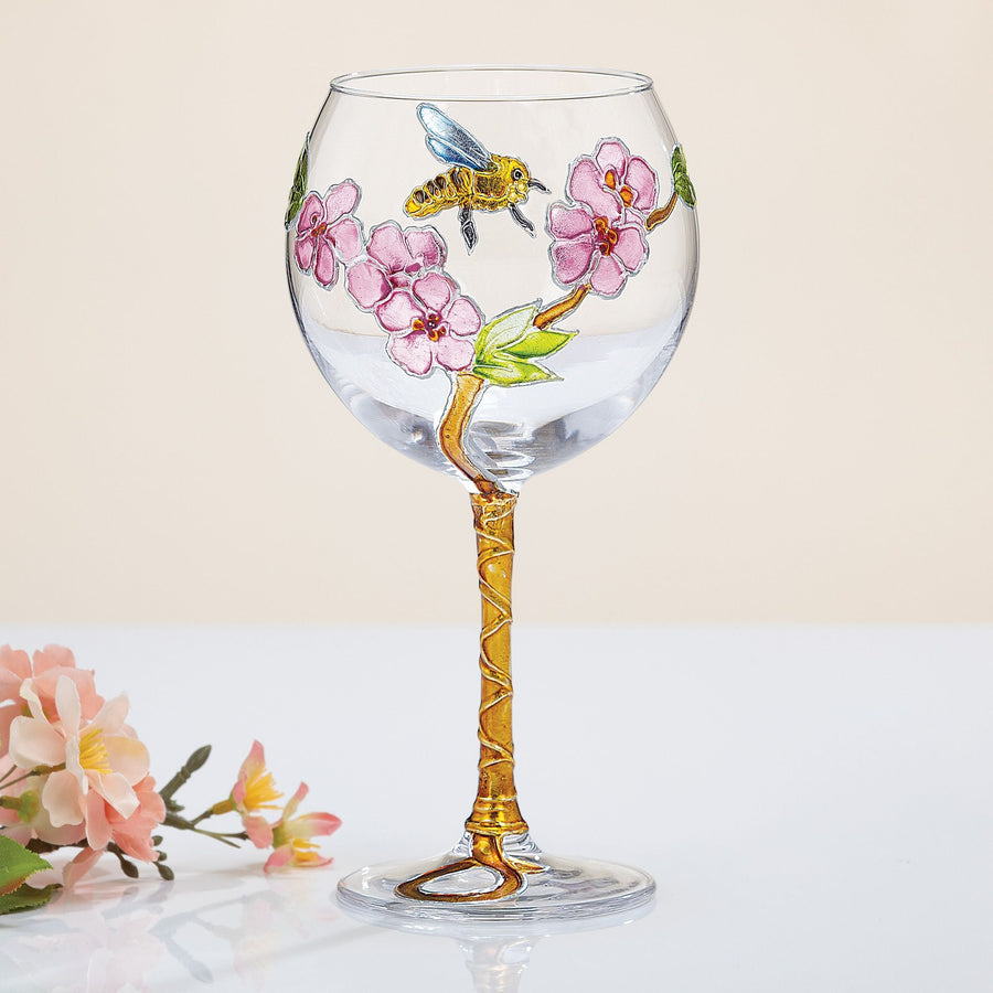 Hand-Gilded Cherry Blossom & Bee Wine Glass