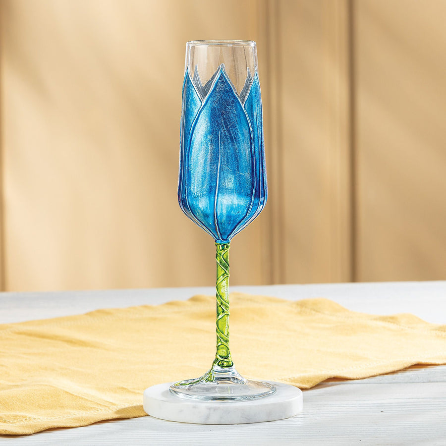 Hand-Gilded Blue Tulip Champagne Glass
