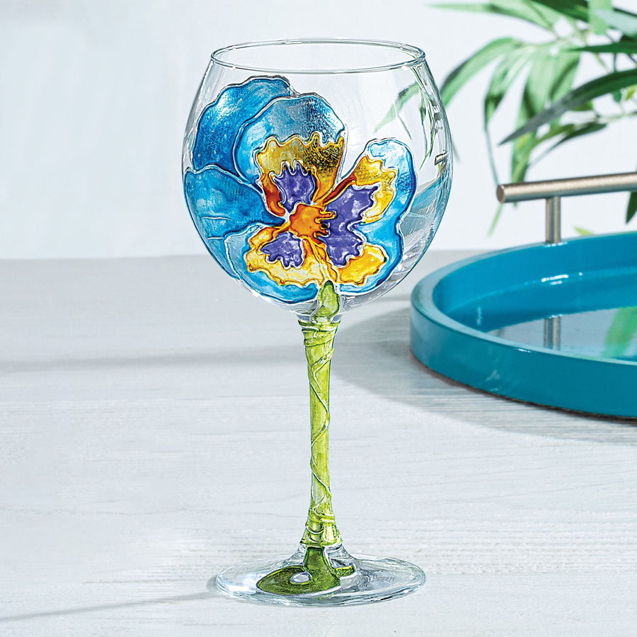 Hand-Gilded Blue Pansy Wine Glass