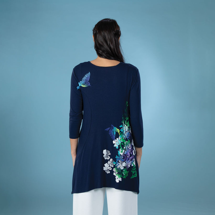 Hand-Painted Winter Birds & Whimsy Floral Blouse