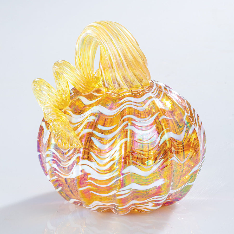 Hand-Blown Glass Golden Iridescent Swirl Pumpkin