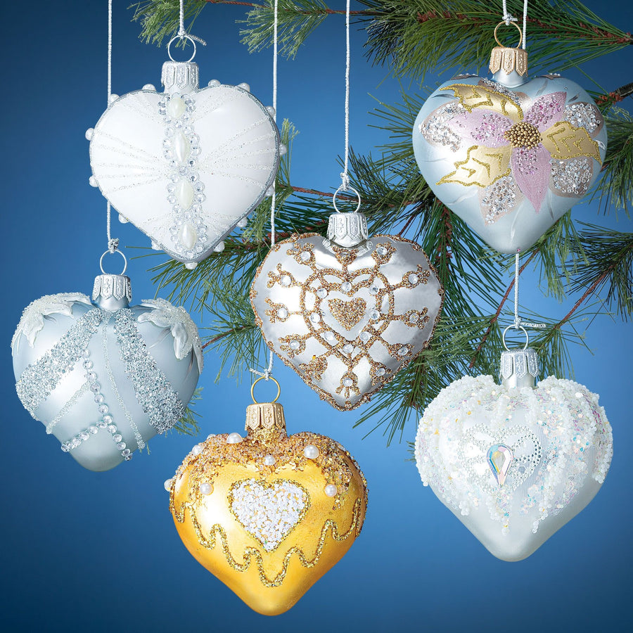 Handcrafted Sparkling Hearts Ornaments Set Of 6