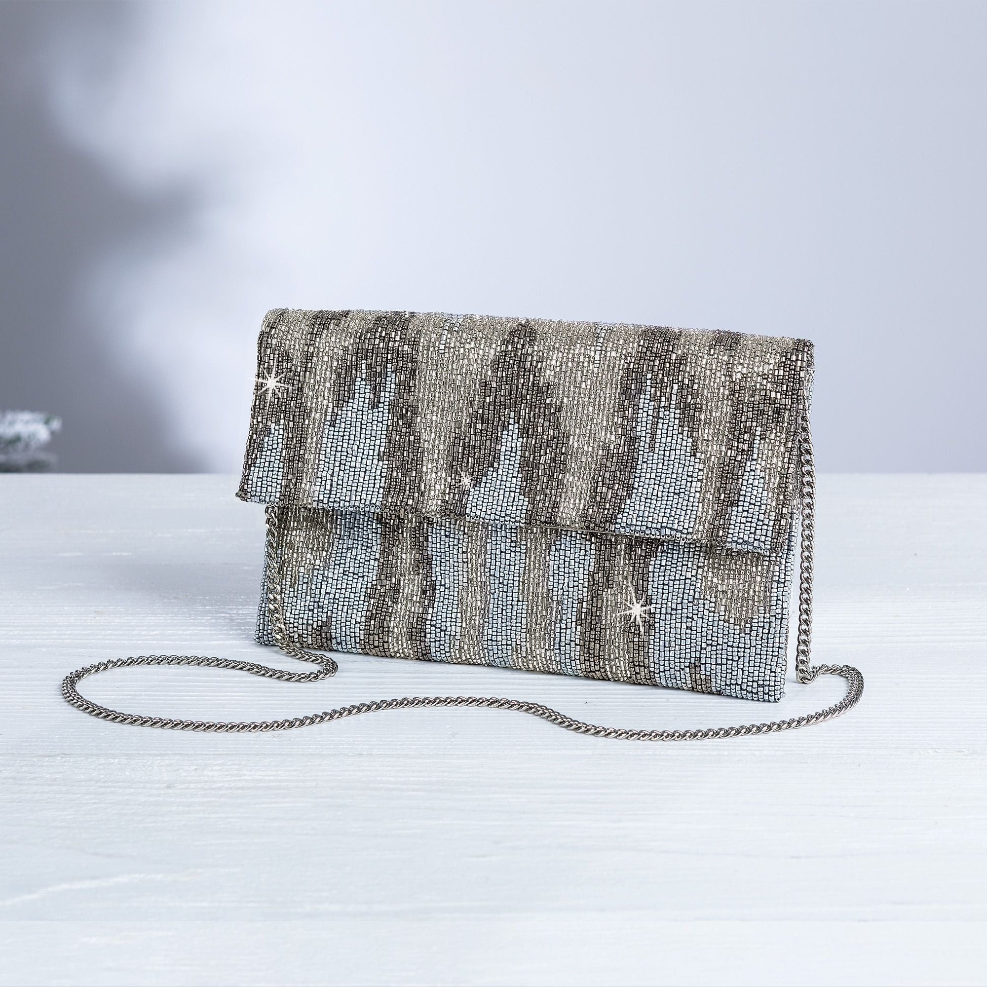 Silver On Ice Hand-Beaded Clutch