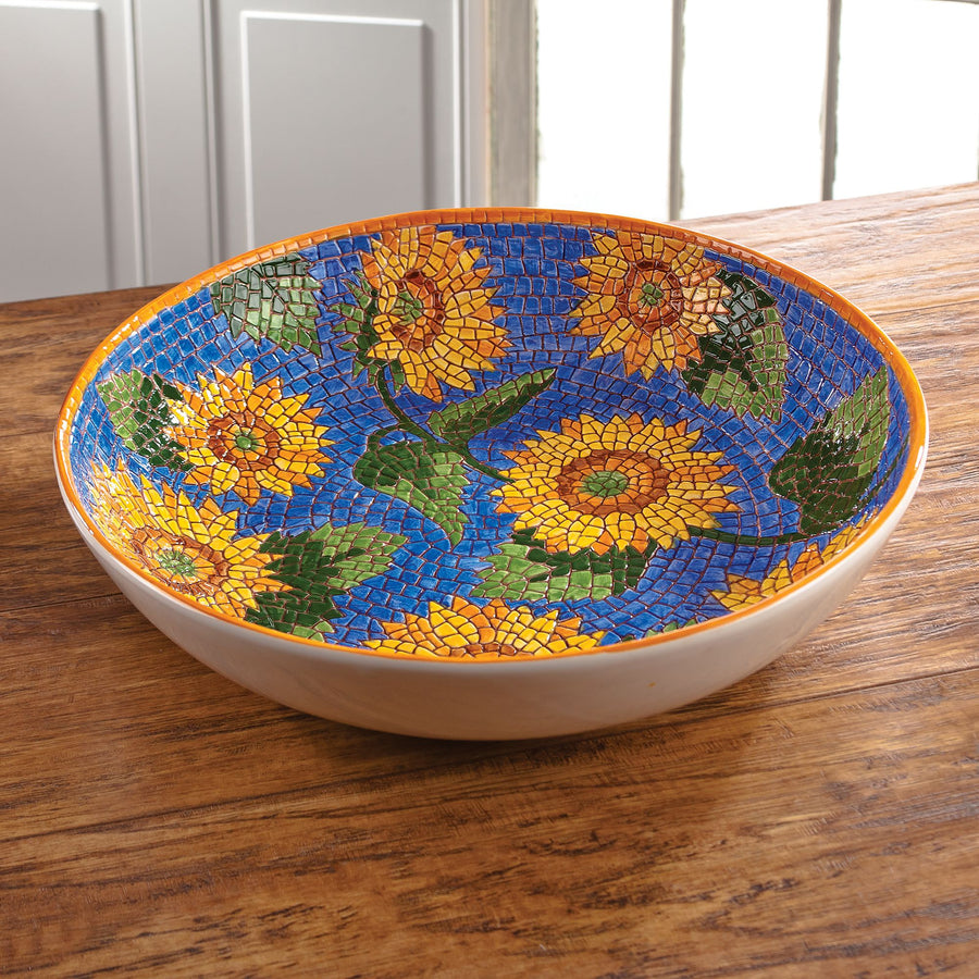 Italian Mosaic Blue Ceramic Sunflower Serving Bowl