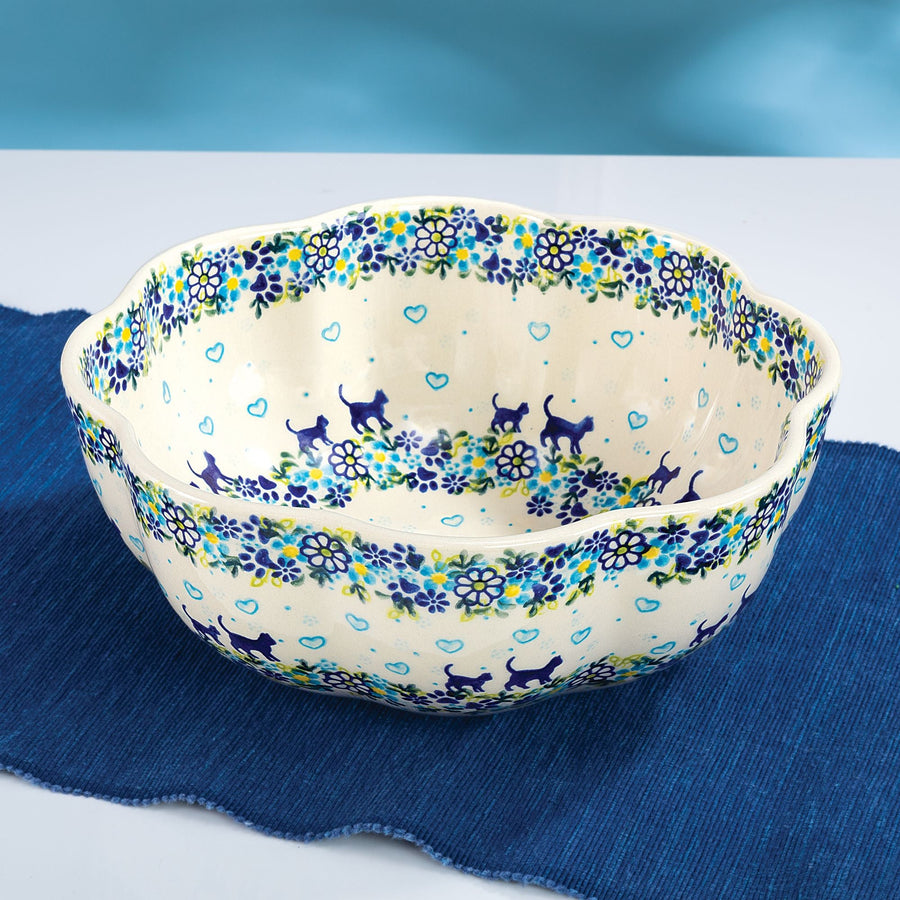Polish Pottery Blue Kitten Serving Bowl