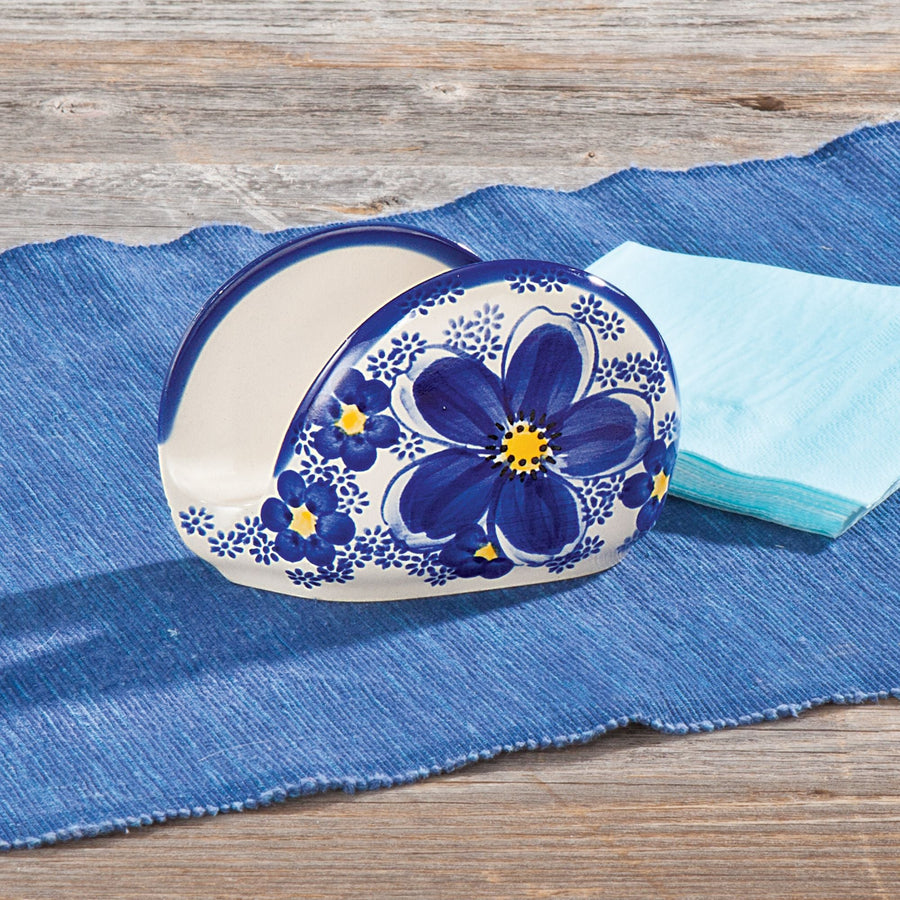 Polish Pottery Blue Cosmos Floral Small Napkin Holder