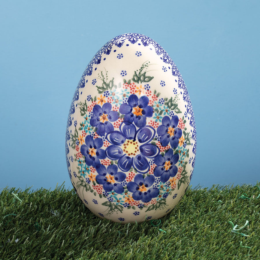 Polish Pottery Blue & Orange Floral Large Egg