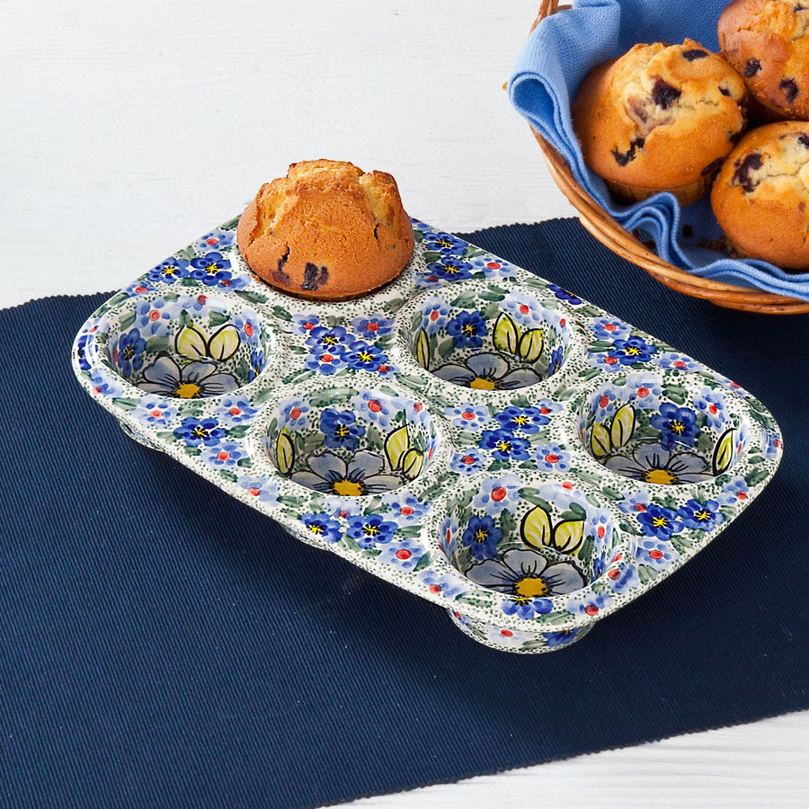Polish Pottery ''Forget-Me-Not'' Floral Muffin Pan