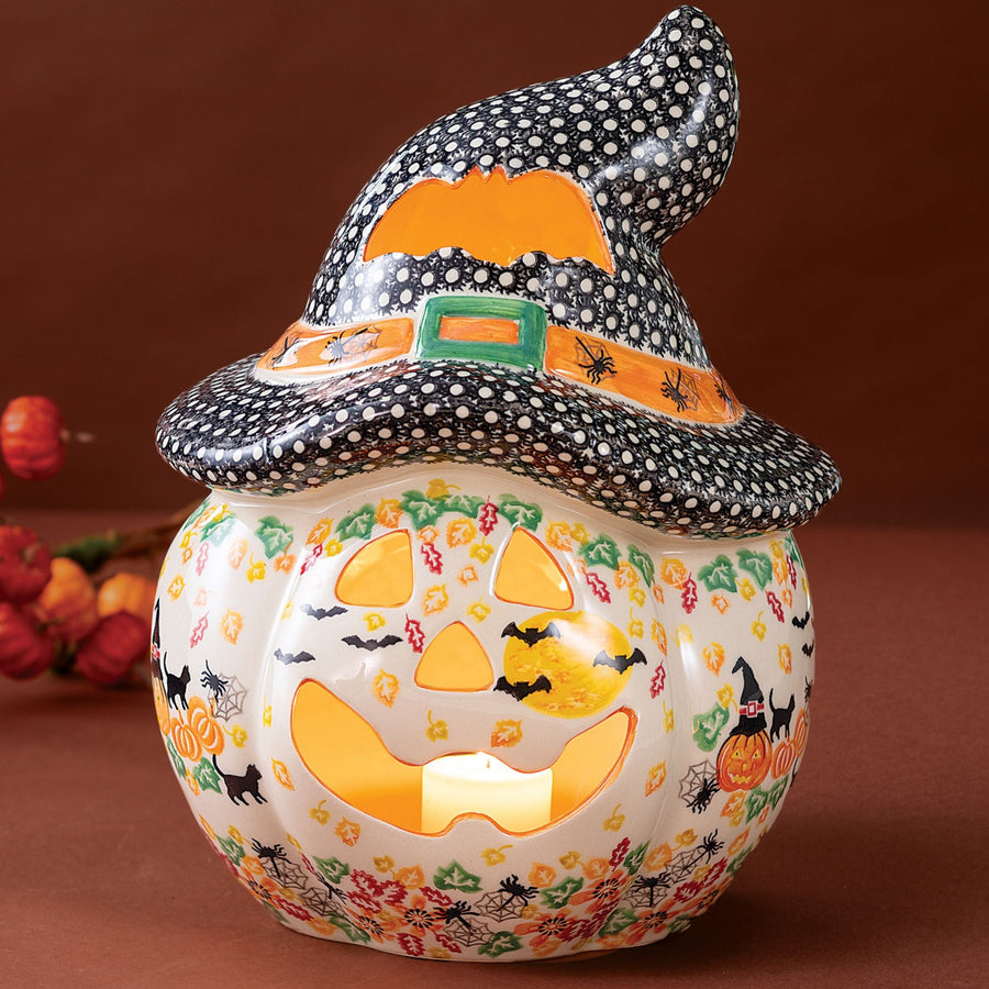 Polish Pottery Pumpkin Patch Jack-O'-Lantern With Hat