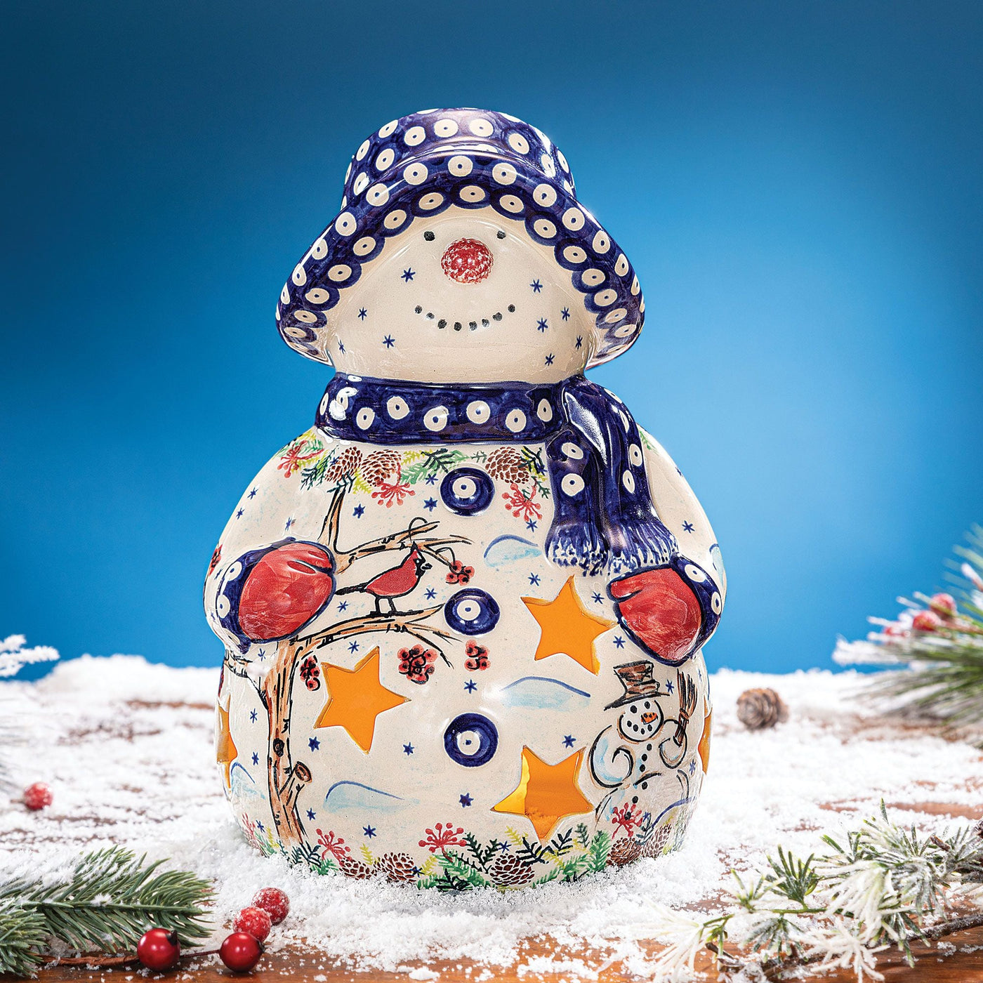 Polish Pottery Wintry Woods Snowman Luminary