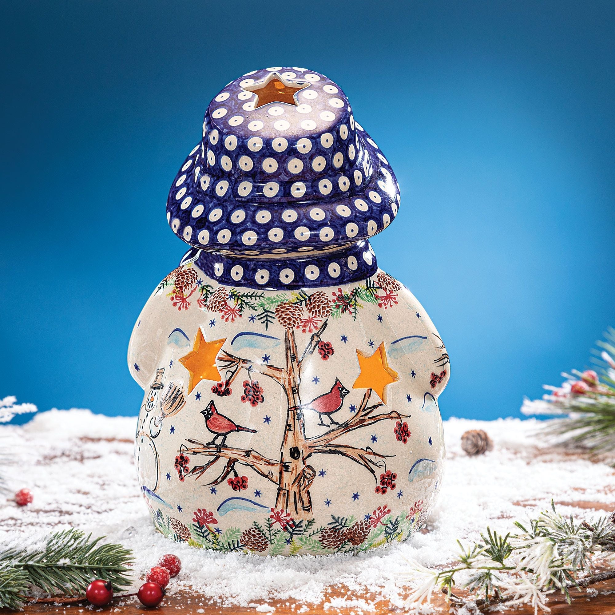 Polish Pottery Wintry Woods Snowman Luminary