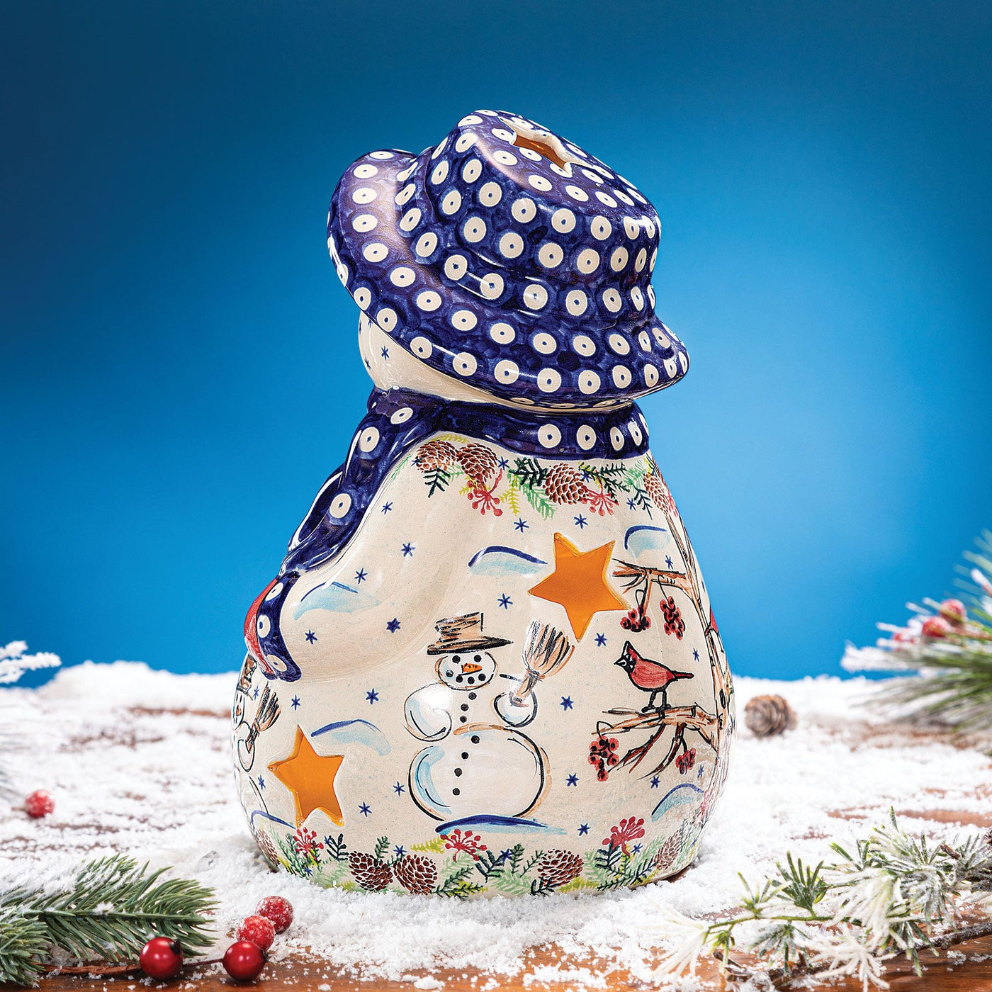 Polish Pottery Wintry Woods Snowman Luminary